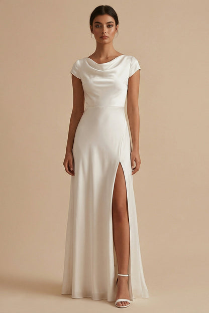 White Long Sheath Cowl Neck Engagement Dress with Slit