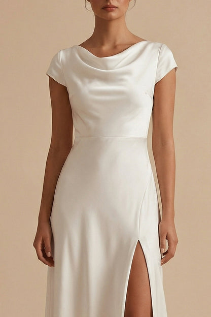 White Long Sheath Cowl Neck Engagement Dress with Slit