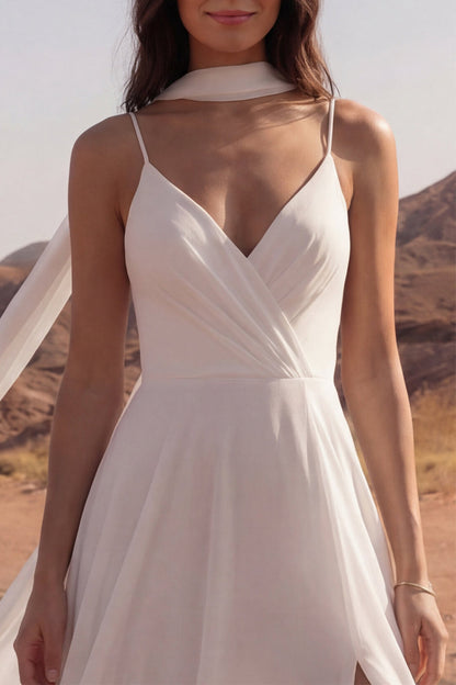 Ivory Spaghetti Straps Maxi A Line Beach Wedding Dress with Slit