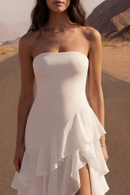 Ivory Strapless A Line Maxi Beach Wedding Dress with Ruffles