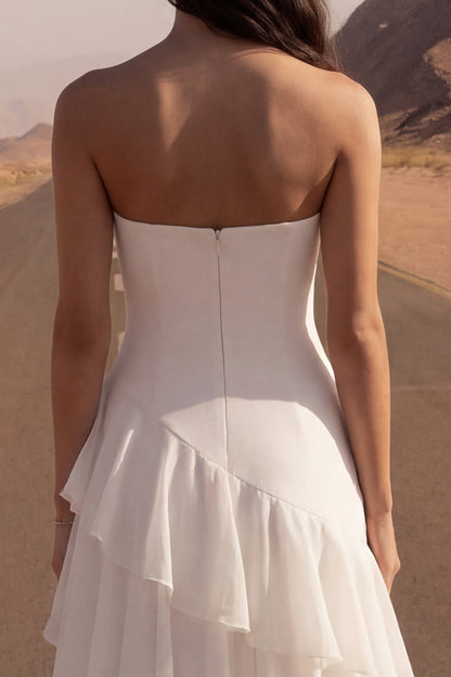 Ivory Strapless A Line Maxi Beach Wedding Dress with Ruffles