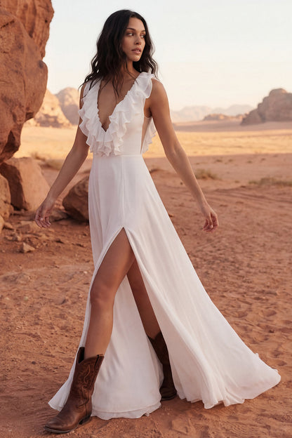 A Line Ivory Maxi V-Neck Ruffled Beach Wedding Dress with Slit