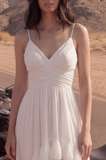 Ivory A Line High-Low Spaghetti Straps Beach Wedding Dress with Ruffles