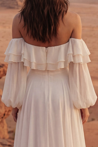 Maxi A Line Ivory Beach Wedding Dress with Ruffles