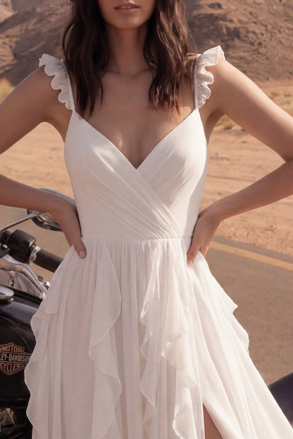 A Line Ivory Maxi V-Neck Beach Wedding Dress with Ruffles