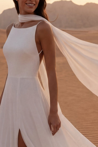 Maxi Ivory Neck Scarf A Line Beach Wedding Dress with Slit