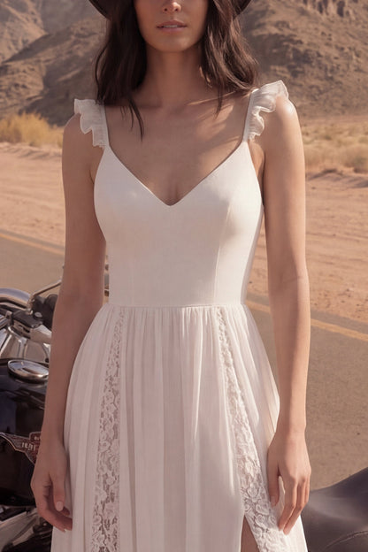 A Line V-Neck Ivory Lace Beach Wedding Dress with Slit