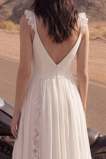 A Line V-Neck Ivory Lace Beach Wedding Dress with Slit