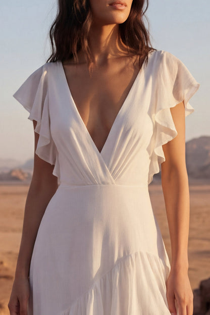 A Line Maxi Ivory V-Neck Beach Wedding Dress with Ruffles