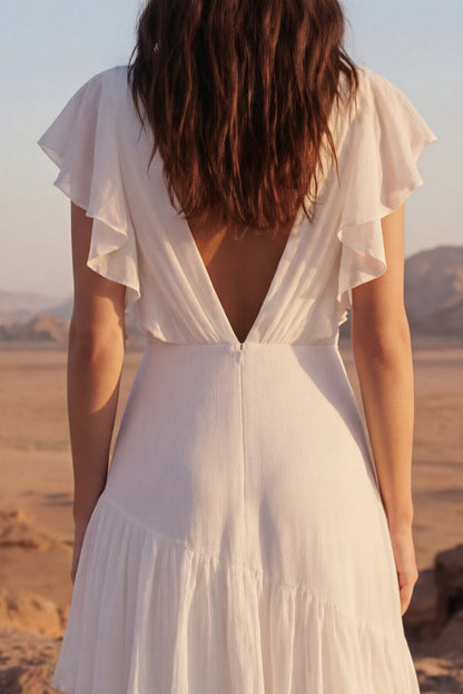 A Line Maxi Ivory V-Neck Beach Wedding Dress with Ruffles