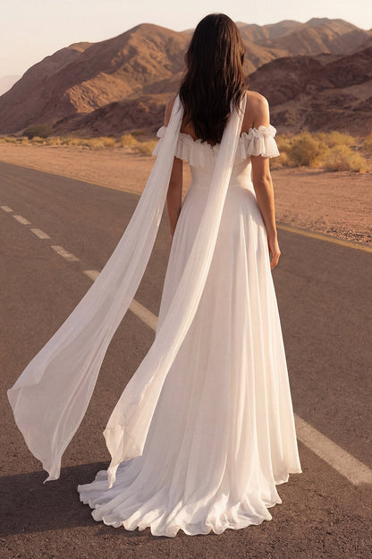 A Line Ivory Neck Scarf Ruffled Chiffon Beach Wedding Dress