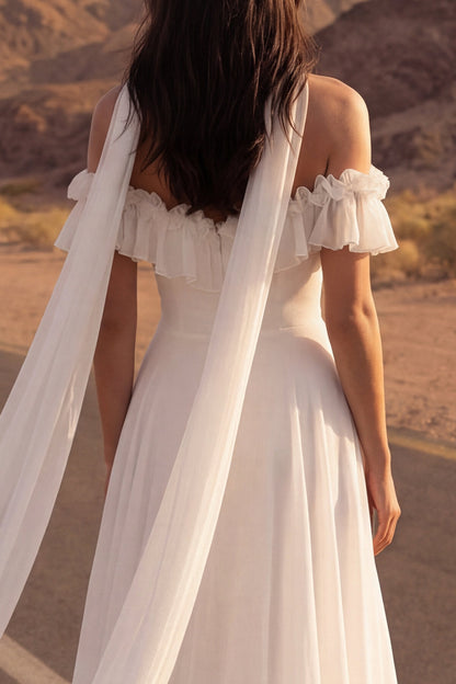 A Line Ivory Neck Scarf Ruffled Chiffon Beach Wedding Dress