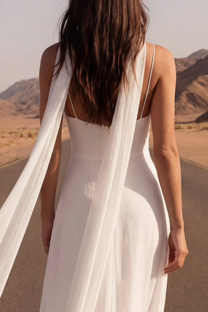 A Line Spaghetti Straps Ivory Maxi Beach Bridal Dress with Slit