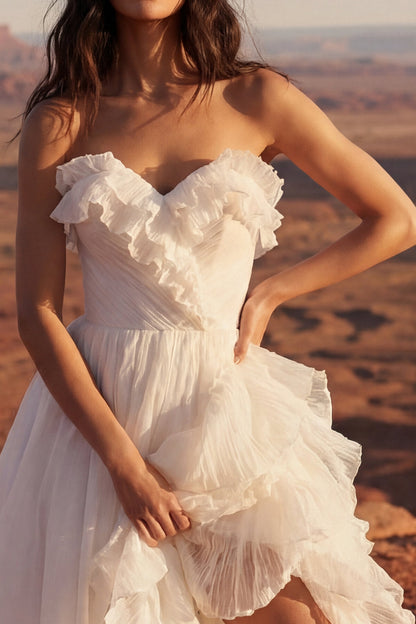 Maxi Strapless A Line Ivory Beach Wedding Dress with Ruffles