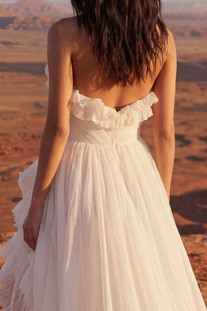 Maxi Strapless A Line Ivory Beach Wedding Dress with Ruffles