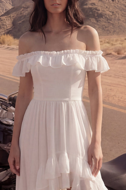 A Line High-Low Ivory Beach Wedding Dress with Ruffles