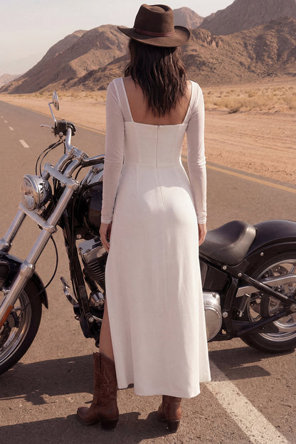 Maxi Sheath Square Neck Ivory Beach Wedding Dress with Slit