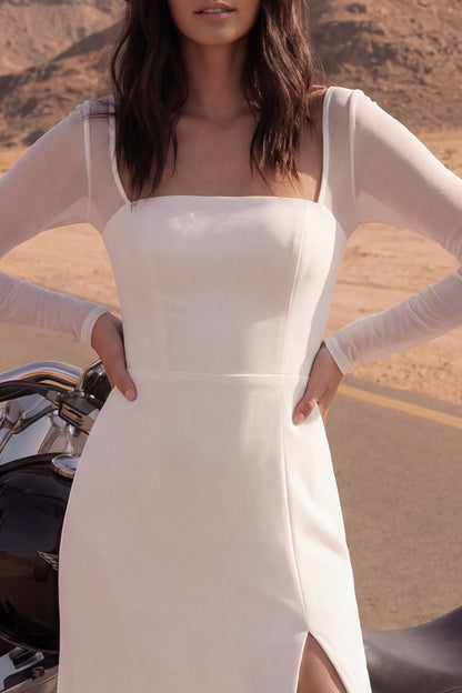 Maxi Sheath Square Neck Ivory Beach Wedding Dress with Slit