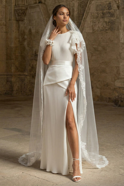 Sheath Maxi White Round Neck Pleated Beach Wedding Dress with Ruffles