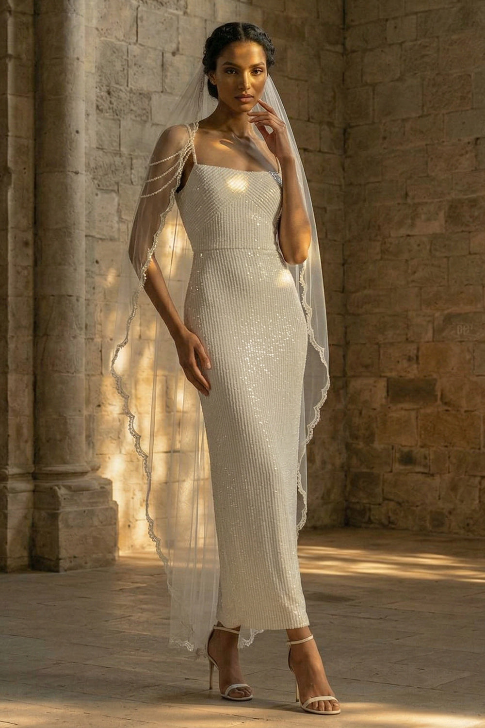 Beaded Sheath Maxi Sparkly White Sequin Wedding Dress
