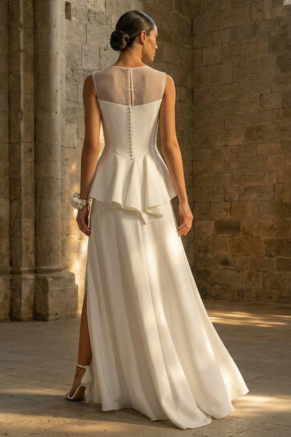 A Line Maxi White Boho Wedding Dress with Ruffles