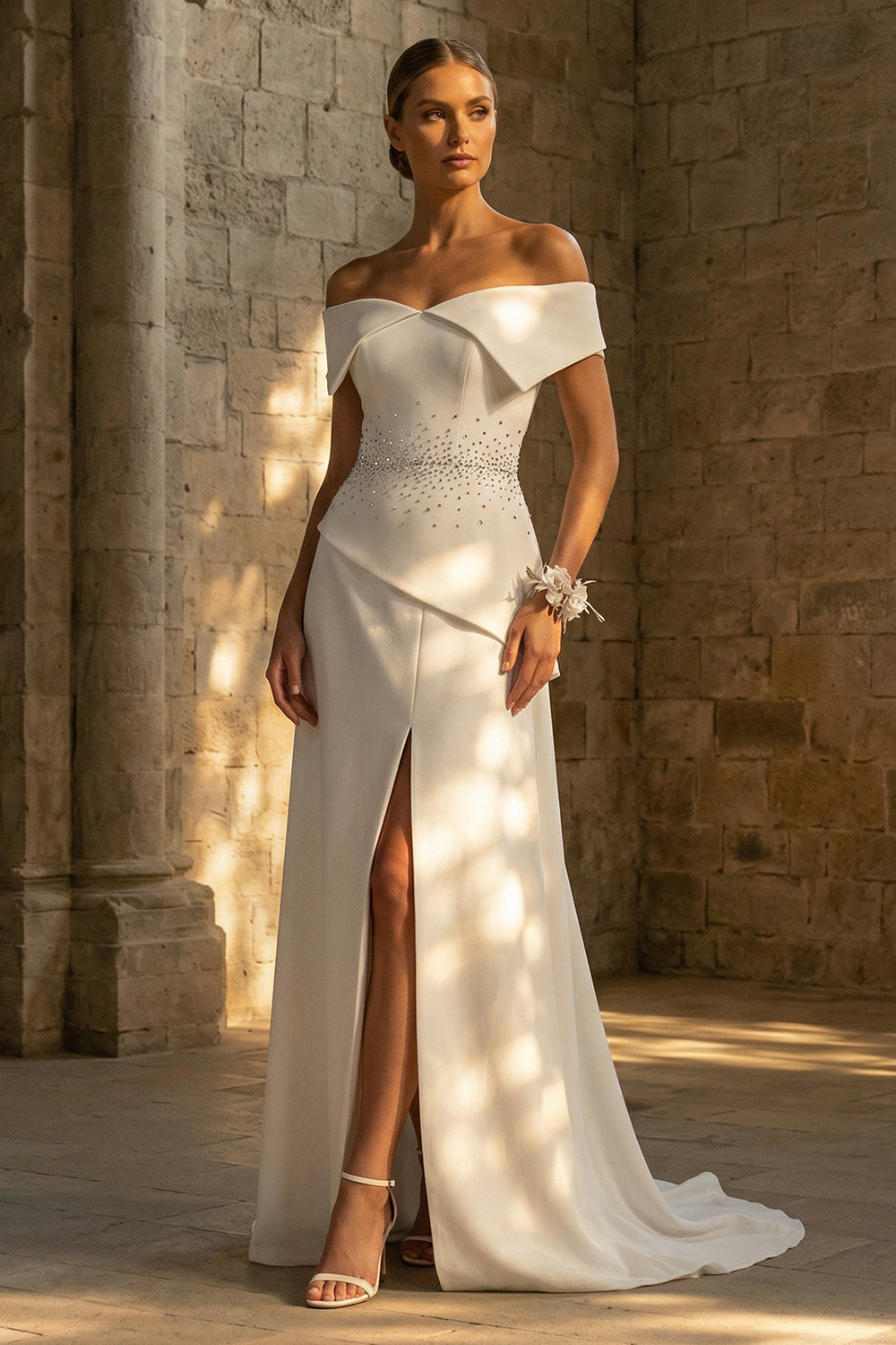 Sheath Beaded White Maxi Boho Wedding Dress with Slit