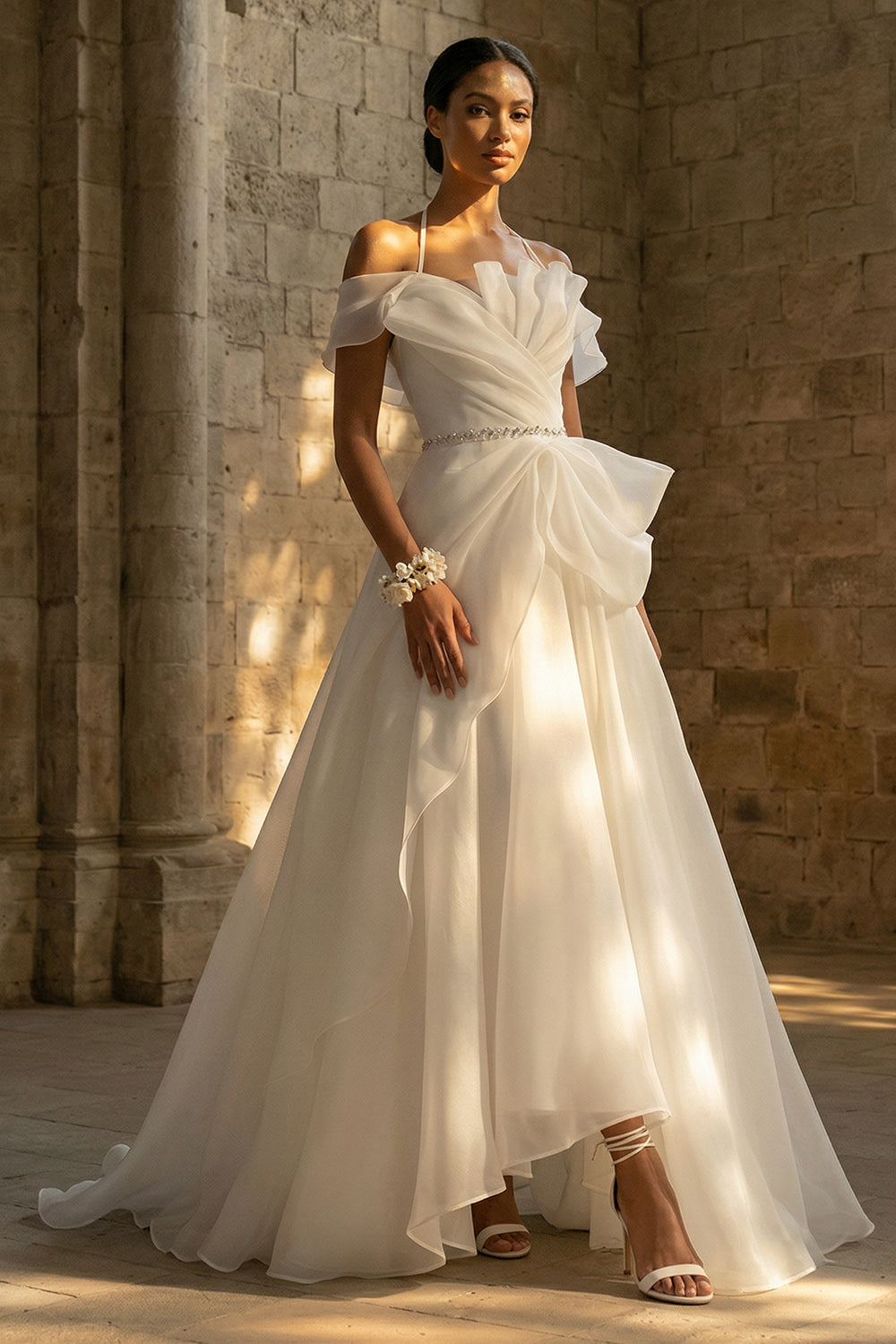 Ruched Halter A Line White Sweep Train Boho Wedding Dress with Ruffles