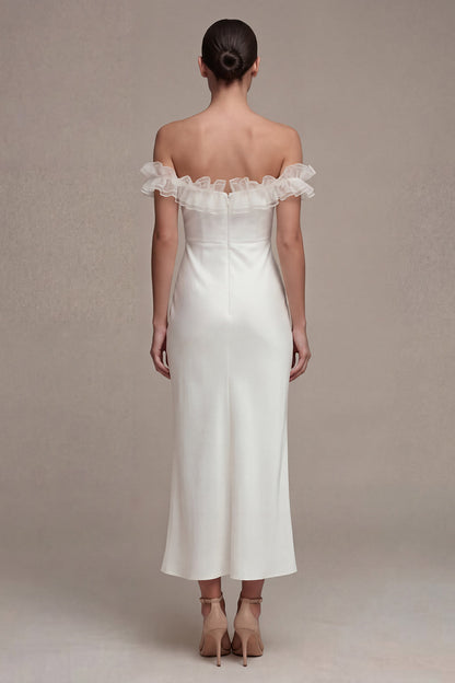 Sheath Maxi White Off the Shoulder Beach Wedding Dress with Ruffles