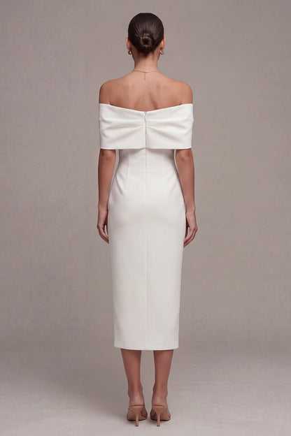 Sheath White Off the Shoulder Maxi Beach Wedding Dress with Bow