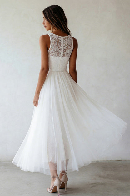 White A Line Floral Maxi Lace Boho Wedding Dress