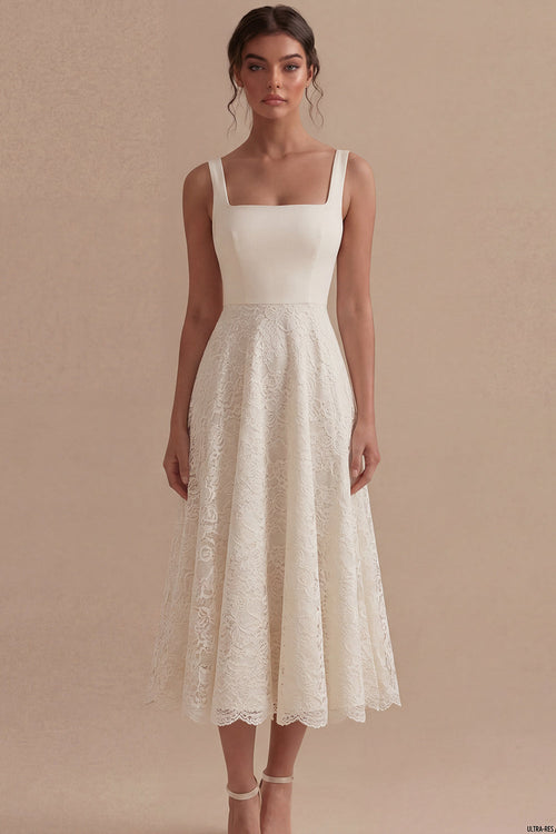 Square Neck Ivory Floral A Line Maxi Boho Lace Wedding Dress