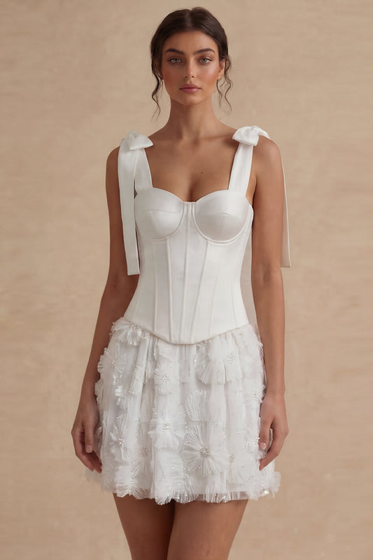 Corset Beaded A Line Floral Short White Wedding Dress with Bow