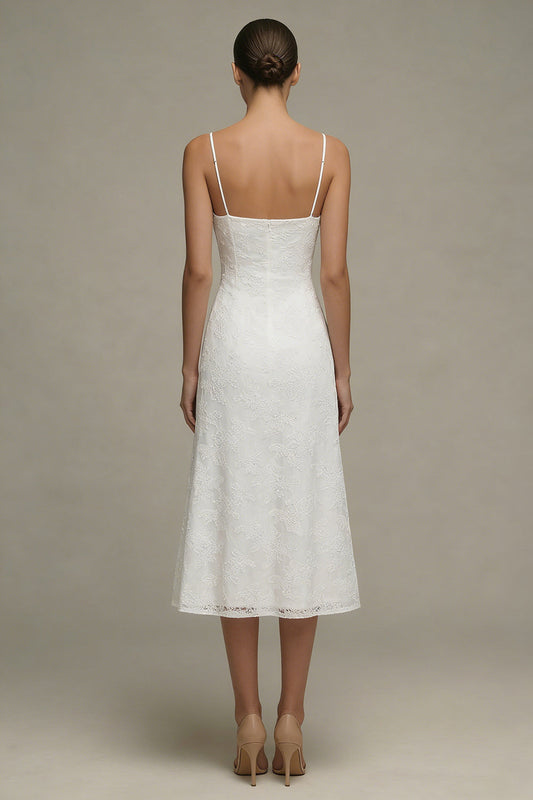 A Line Floral Spaghetti Straps Midi White Boho Wedding Dress