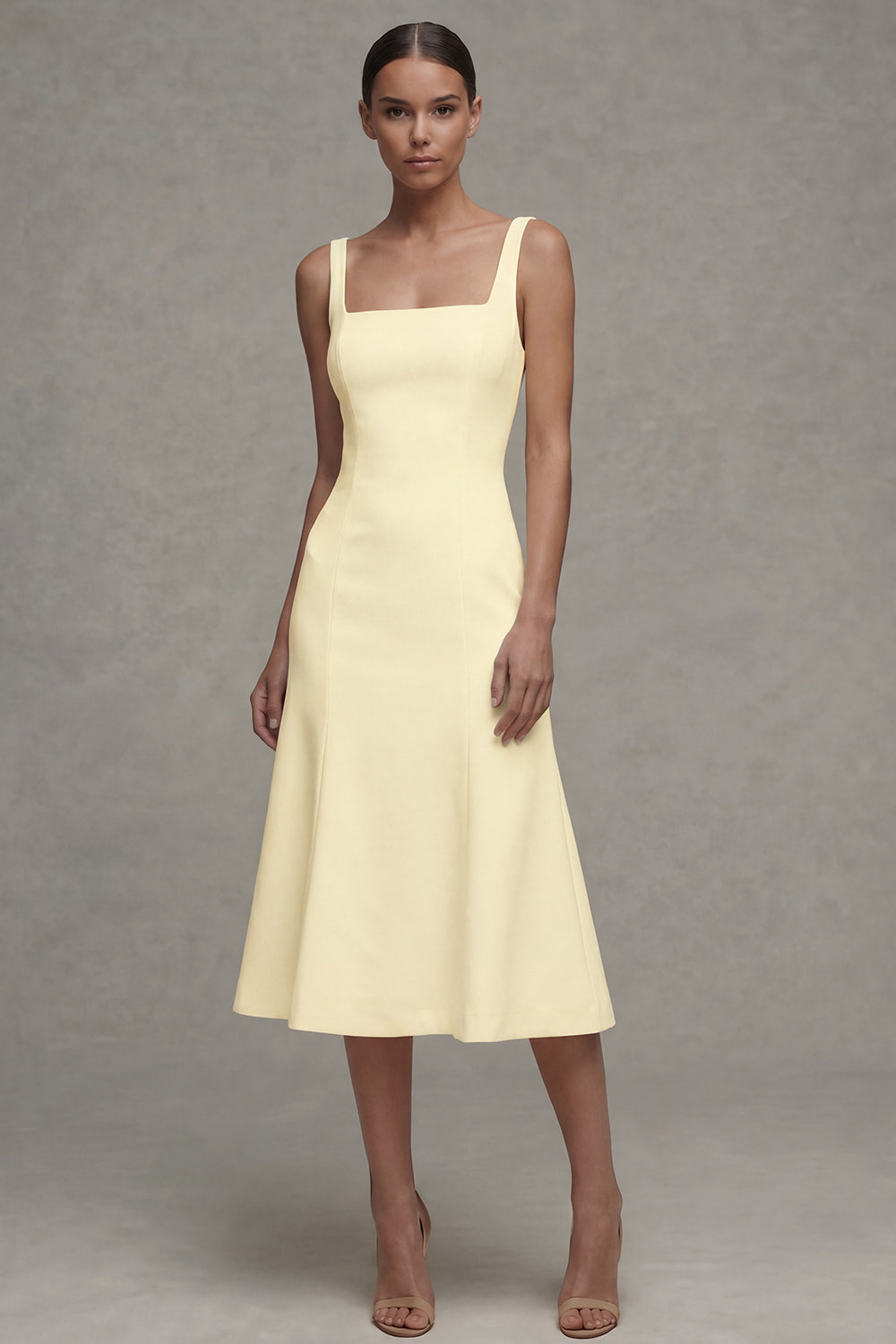 Square Neck Midi White A Line Beach Wedding Dress