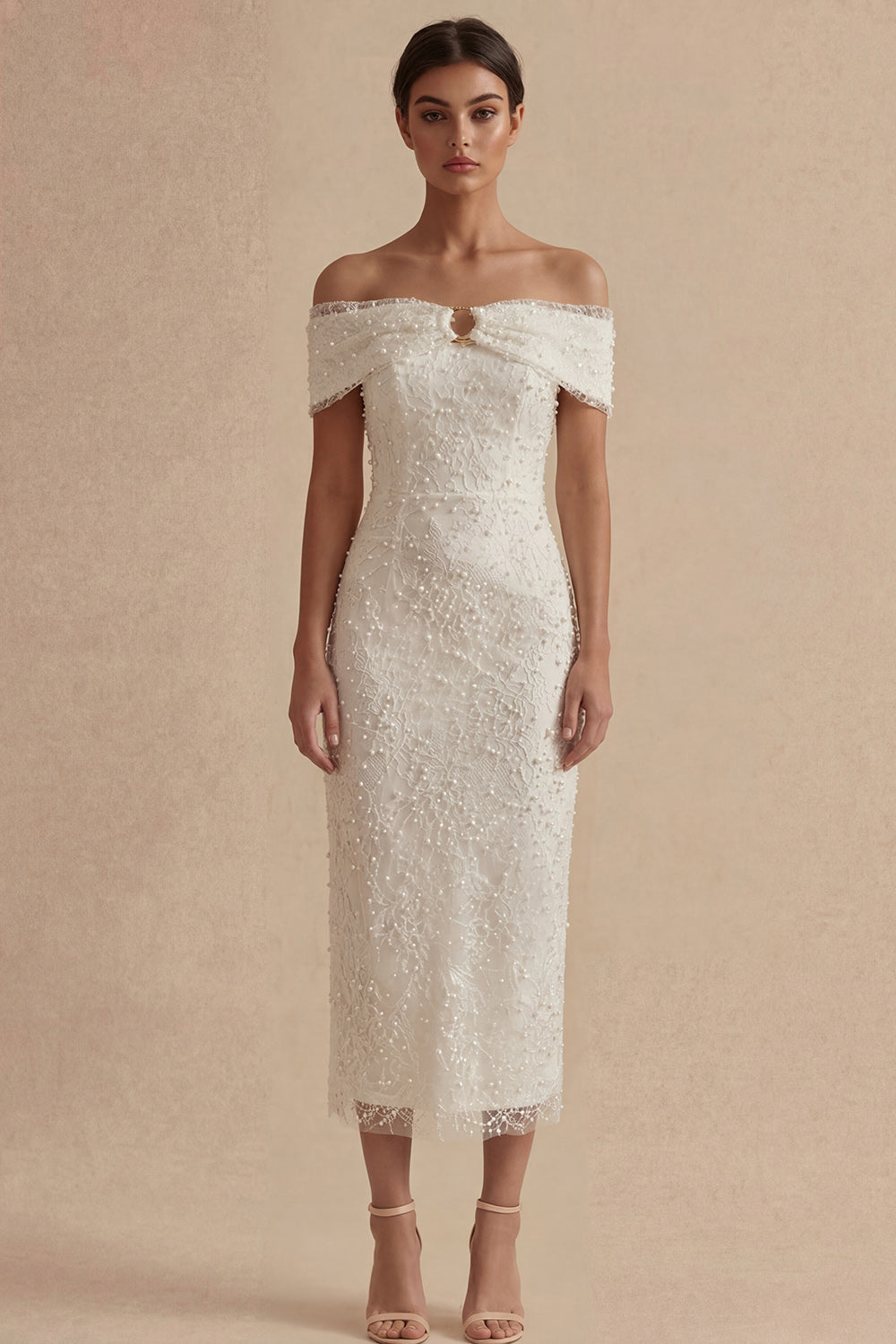 Sheath Maxi White Boho Wedding Dress with Pearls