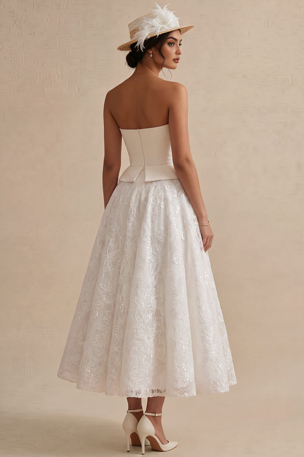 Strapless White Maxi Floral Lace A Line Boho Wedding Dress