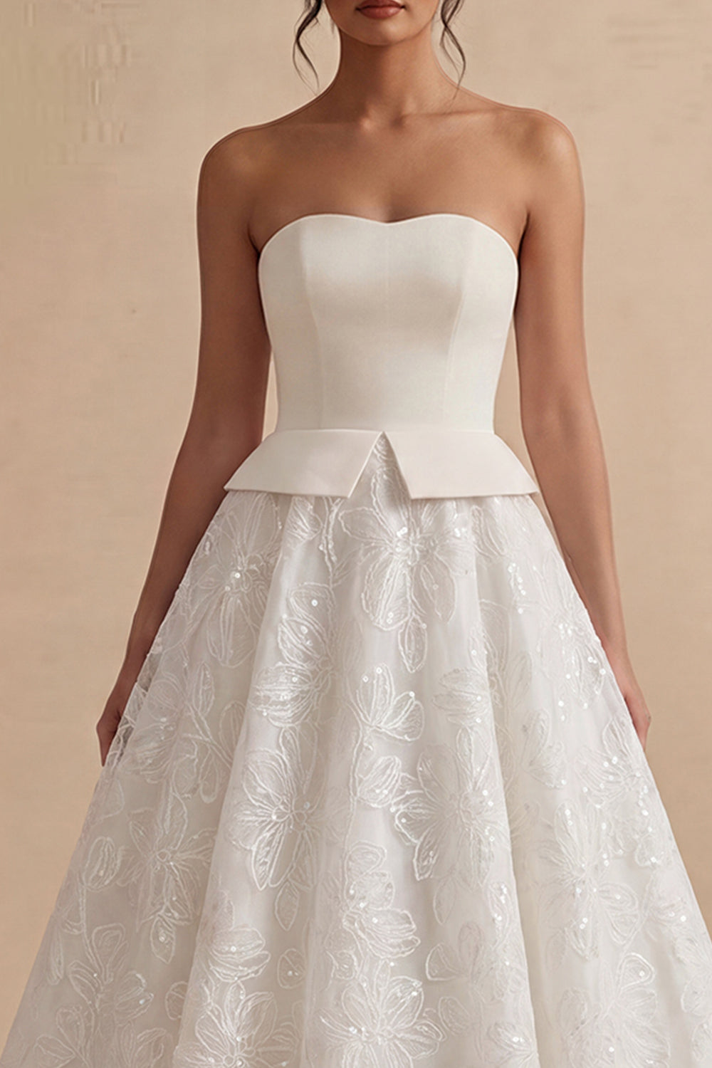 Strapless White Maxi Floral Lace A Line Boho Wedding Dress