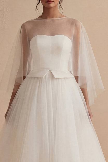 A Line Ilusion Bateau Neck White Maxi Boho Wedding Dress