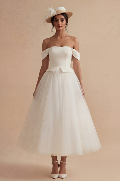 Off the Shoulder A Line White Maxi Boho Wedding Dress