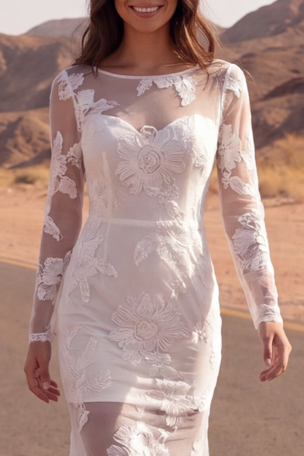 Floral Ivory Boat Neck Mermaid Sweep Train Lace Boho Wedding Dress