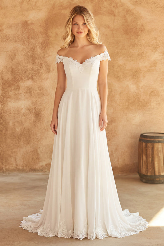 Off the Shoulder Ivory A Line Sweep Train Beach Wedding Dress with Lace