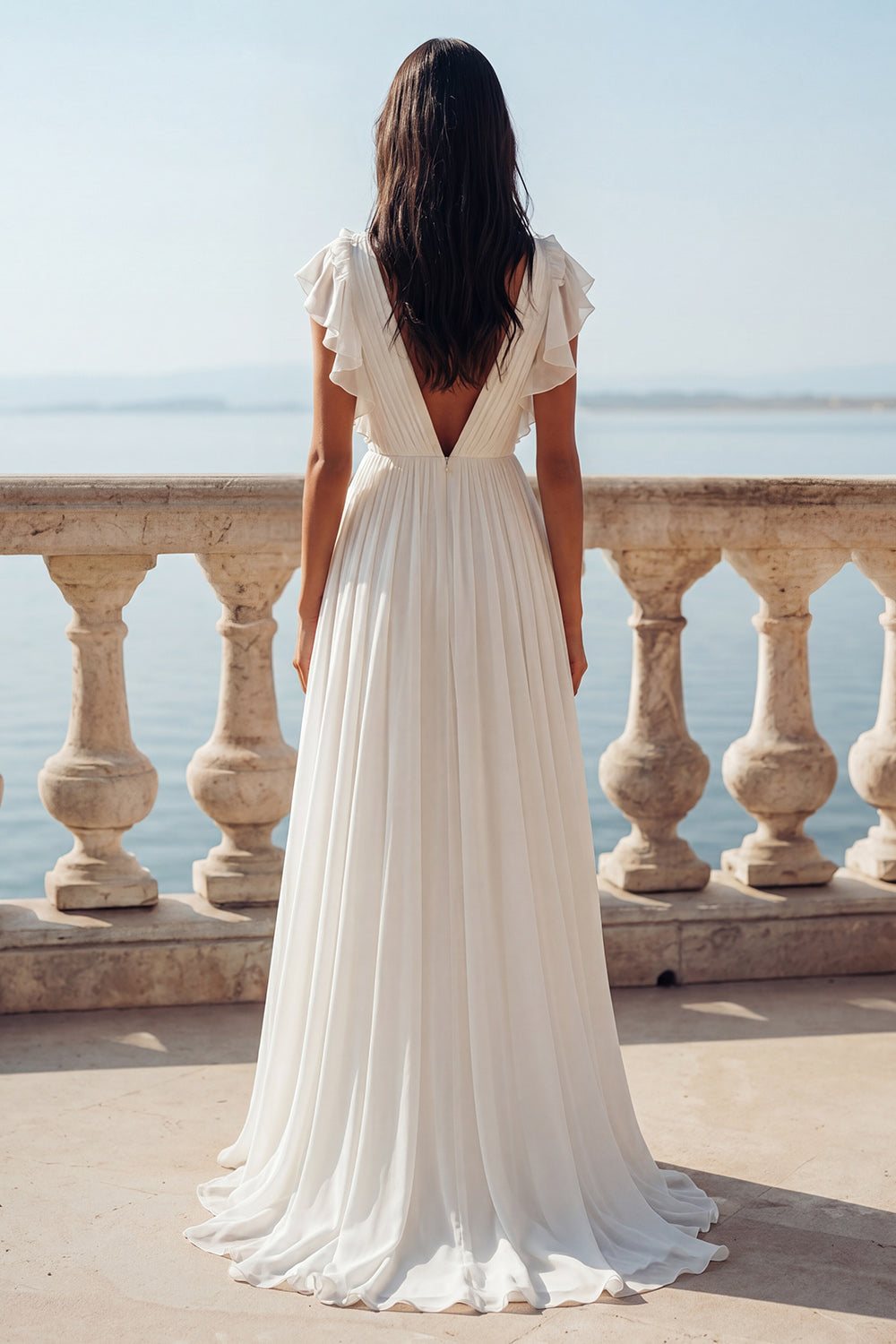 Ruffled V-Neck Ruched Ivory A Line Sweep Train Beach Wedding Dress with Slit