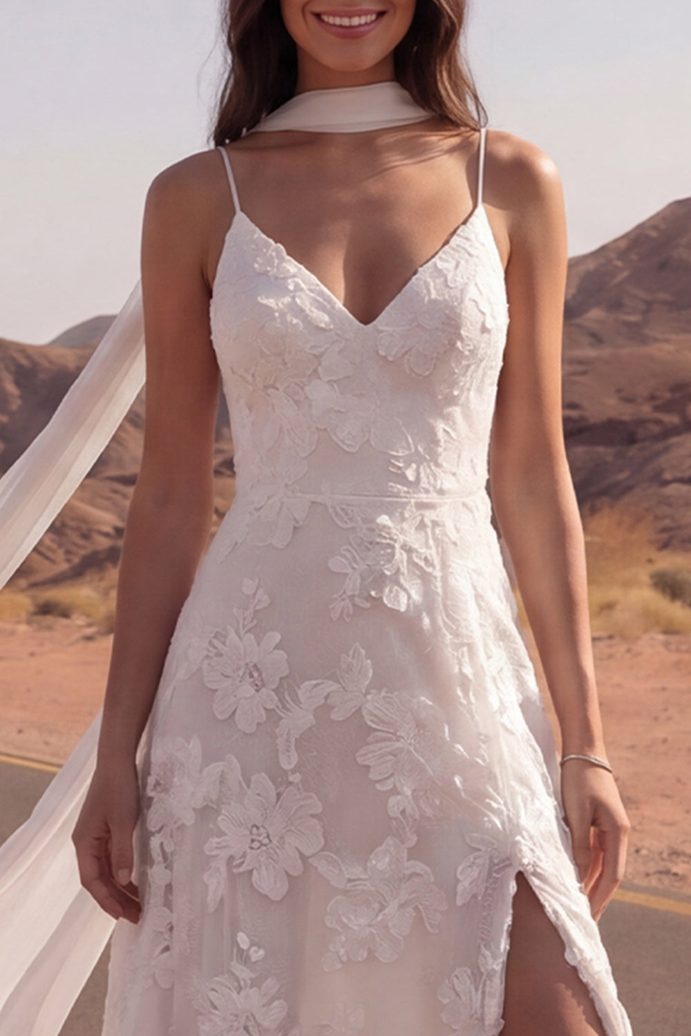 Spaghetti Straps Floral Ivory A Line Sweep Train Boho Wedding Dress with Slit