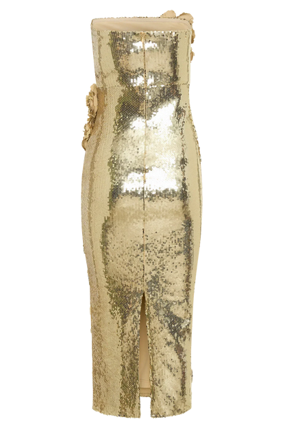 Cassia Strapless Sequin Rose Midi Dress - Gold