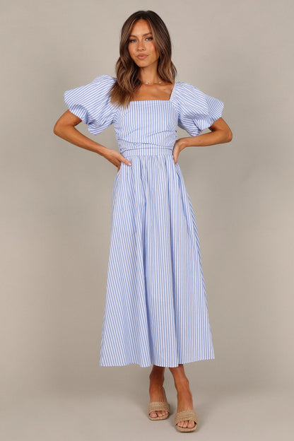 Clo Puff Sleeve Midi Dress - Blue Stripe