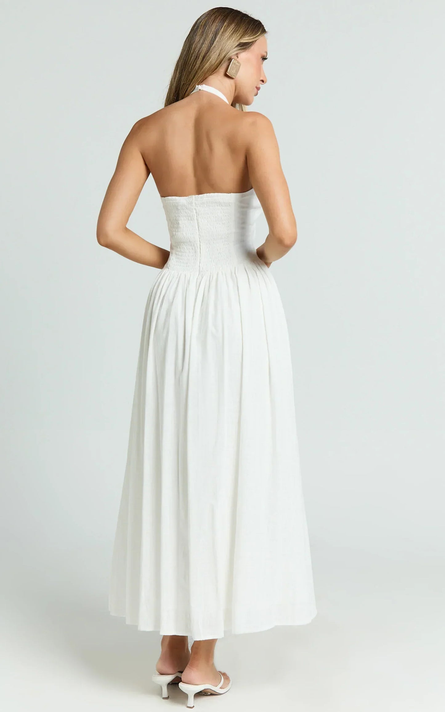 Athena Midi Dress Halter Drop Waist Dress in White