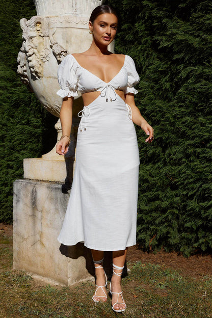 Fancy Free Puff Sleeve Midi Dress White