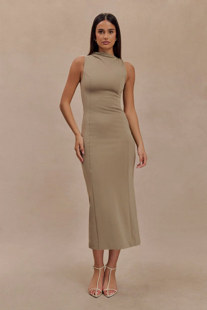Taylor Draped Stretch Crepe Midi Dress - Mushroom