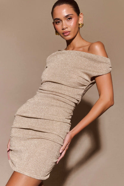 Pasha Off Shoulder Knit Mini Dress - Gold