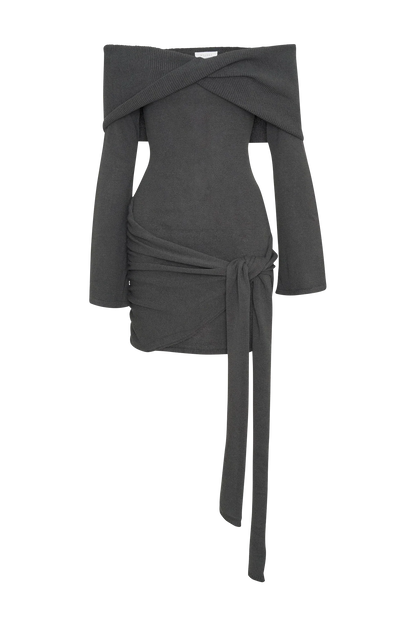 Camryn Off Shoulder Tie Knit Mini Dress - Charcoal